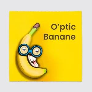 Une banane souriante portant des lunettes sur un fond jaune, symbolisant les services de personnalisation de chiffons à lunettes