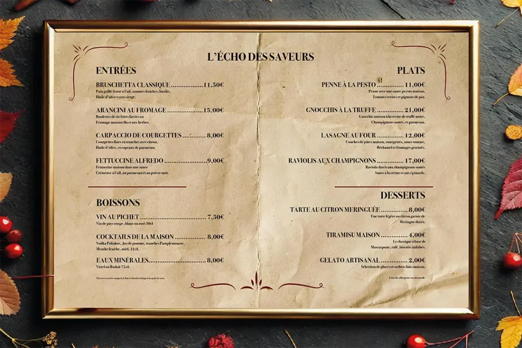 Menu d'automne créatif sur set de table personnalisé, avec des plats italiens et des boissons chaudes. Idéal pour les restaurants et les événements automnaux.