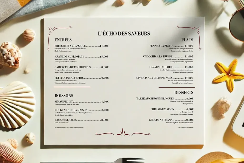 Création graphique, Set de table personnalisé pour un décor de table unique. Design estival avec menu, coquillages et lunettes de soleil.