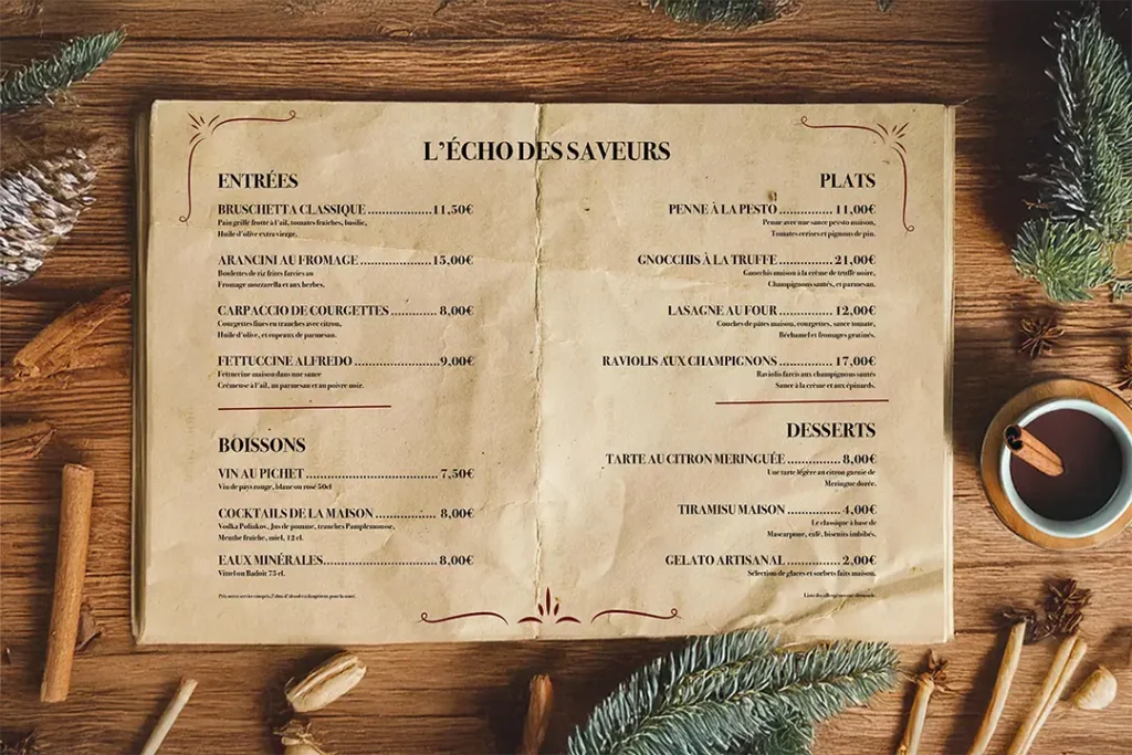 Création graphique, menu de restaurant set de table d'hiver sur un fond rustique beige, entouré de décorations hivernales telles que des branches de sapin, des bâtons de cannelle, et une tasse de boisson chaude.