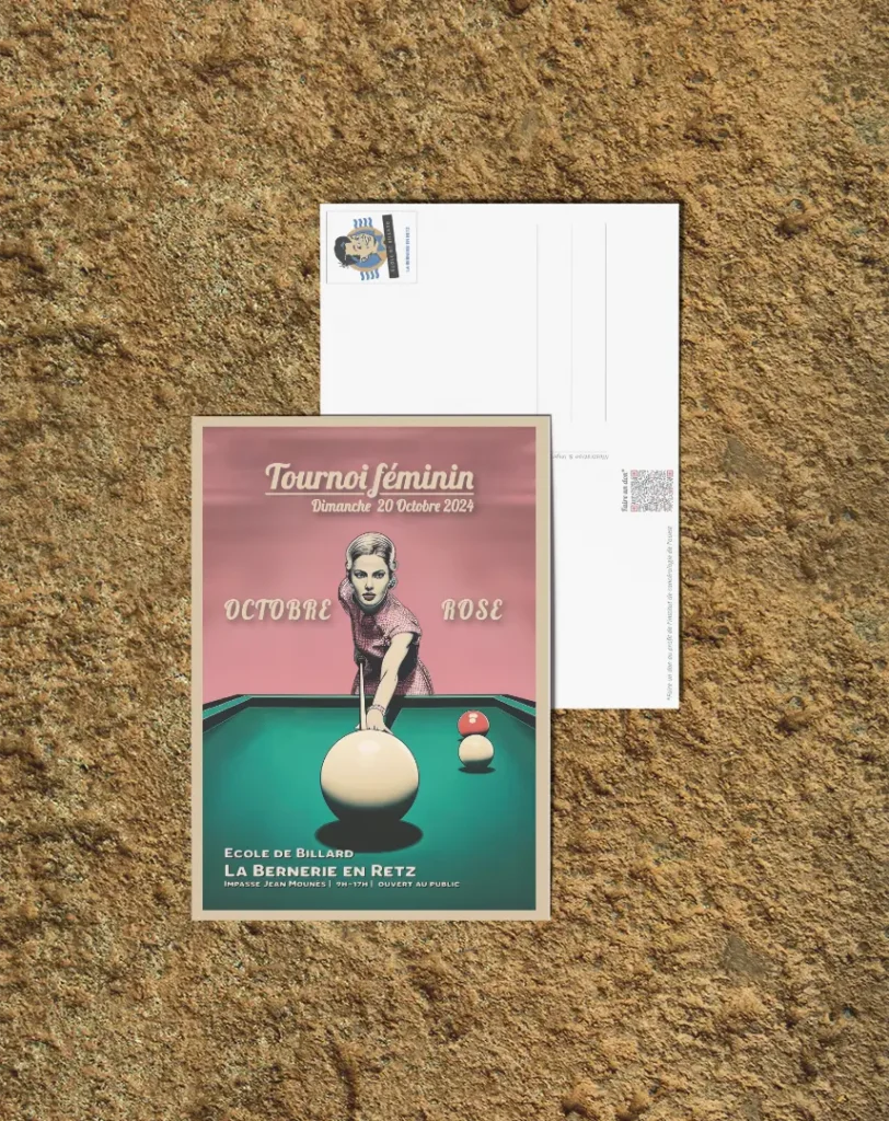 Carte postale du tournoi féminin Octobre Rose de l'École de Billard de la Bernerie-en-Retz, création graphique & impression par l'agence Dc&c