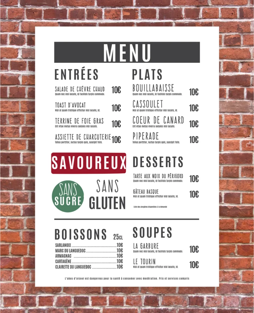 Créer des menus de restaurant pour Panneau extérieur en Dibond, menu de restaurant, bistrot ou bar