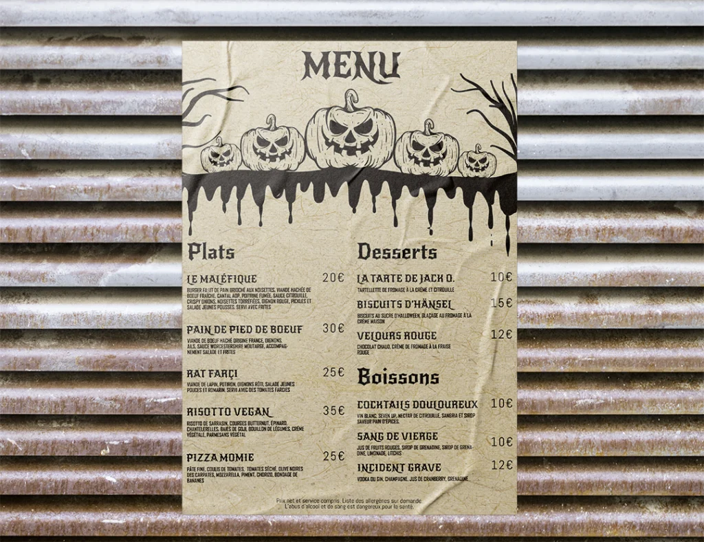 Affiche de menu d'Halloween sur papier kraft, accrochée à un rideau de vitrine rouillé, créer des menus de restaurant d'halloween