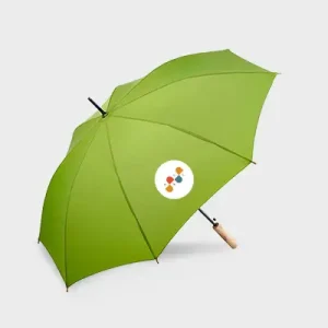Impression parapluie personnalisé vert avec un logo dessus, sur un fond blanc. promotion de marque.