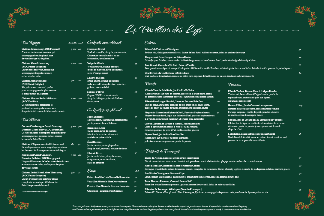 Menu de restaurant pour les fêtes de Noël, présenté sur un fond vert foncé orné de motifs floraux rouges et dorés, avec une mise en page élégante et festive, regroupant plats, boissons, et desserts.
