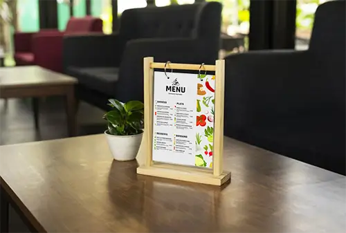 Imprimerie Saint-Nazaire, impression de chevalet de table et création graphique de menu