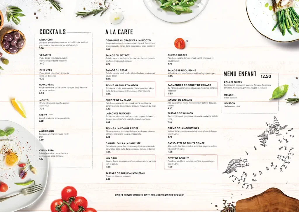 Exemple de menu printanier créé par DC&C Saint-Nazaire : plats légers et frais pour le printemps. Conception graphique et impression de menus et sets de table sur mesure.