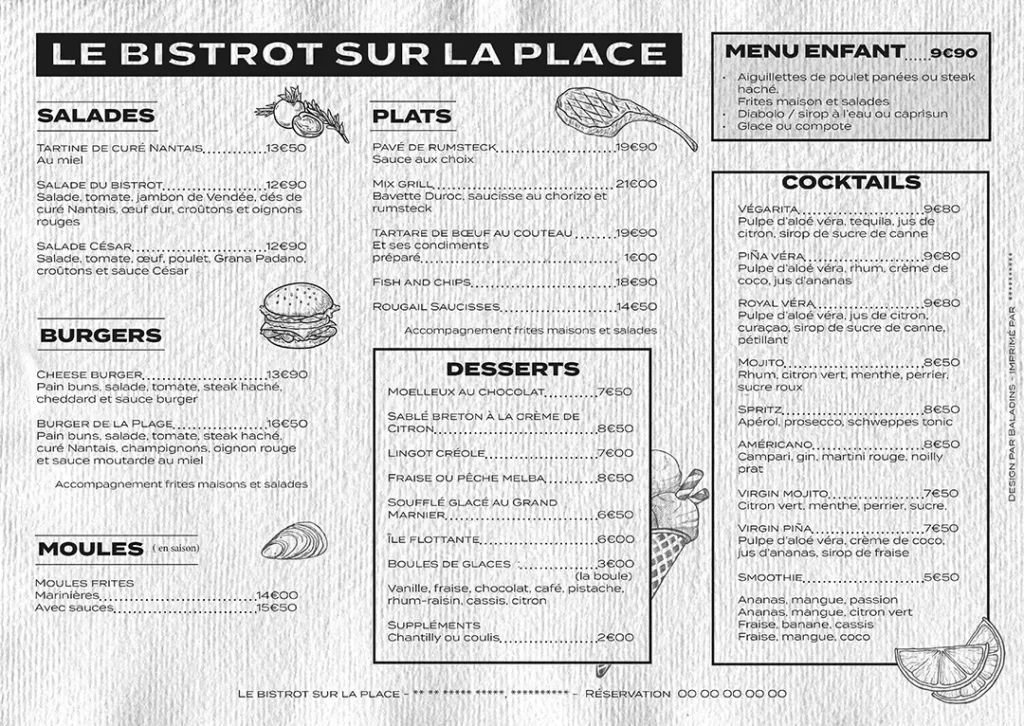 Option 1: "Menu de bistrot imprimé en monochrome sur un set de table rétro en papier texturé.