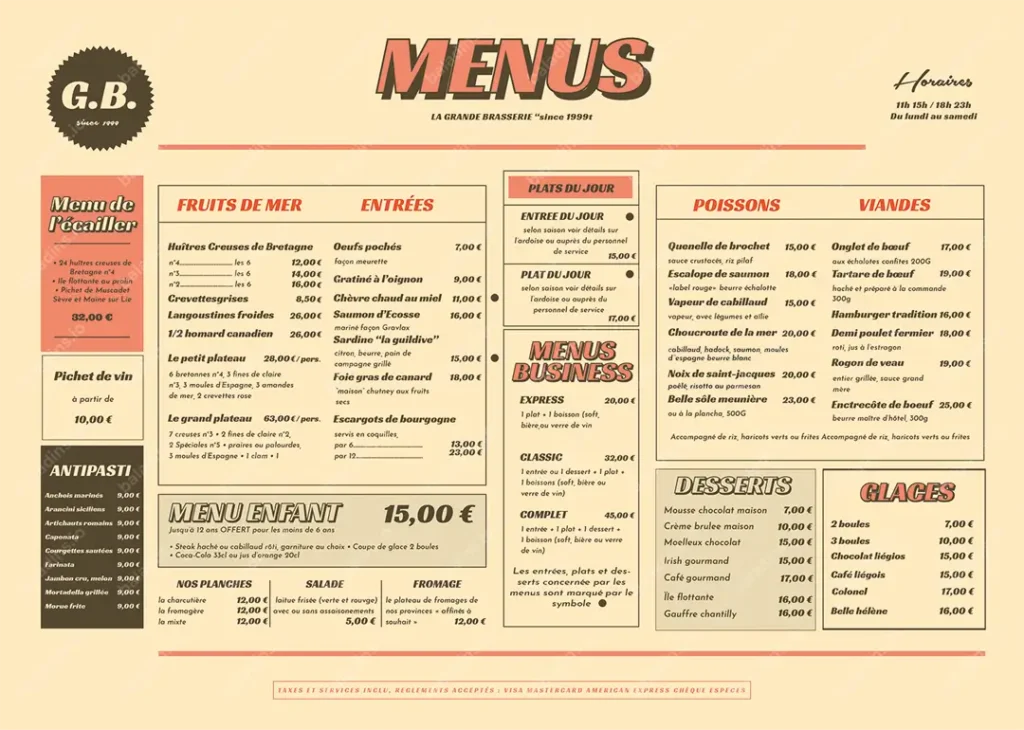 Set de table vintage personnalisé, Menu au style vintage avec un thème orangé, mettant en avant des illustrations rétro et des sections dédiées aux plats, boissons et desserts, parfait pour un restaurant ou un café avec une ambiance rétro chaleureuse.