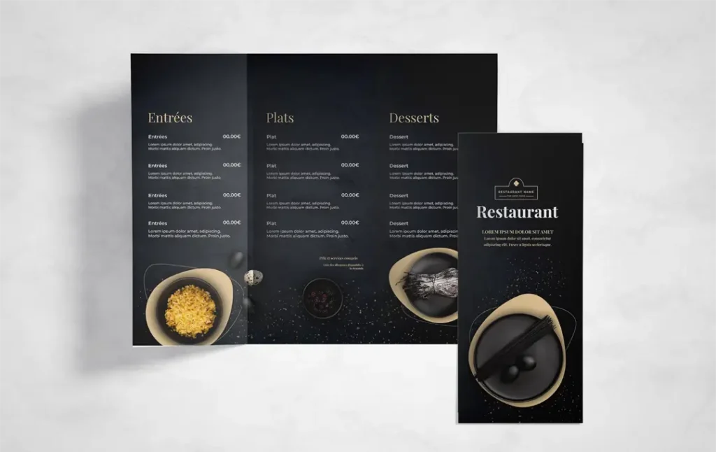 Création menu restaurant personalisé, Menu en livret recto verso d'un restaurant avec un design sophistiqué noir et doré, affichant les sections vins, boissons et informations pratiques avec une mise en page moderne. Saint-Nazaire