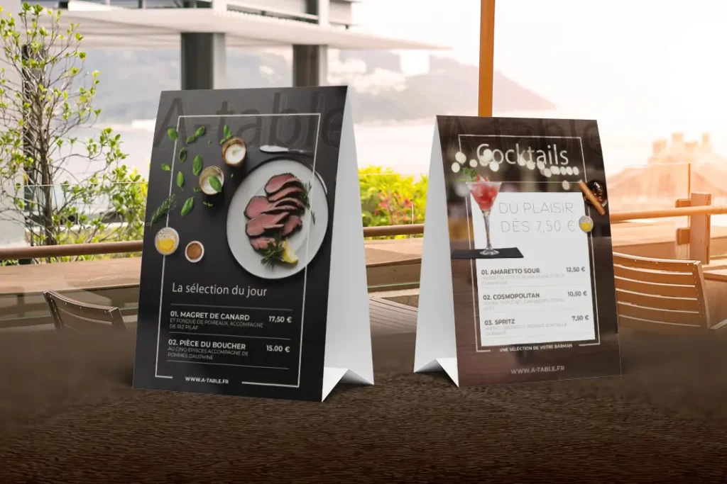 Créaton de PLV tente de table sélection du jour et cocktails pour restaurant, chevalet de table idéal pour hôtellerie restauration