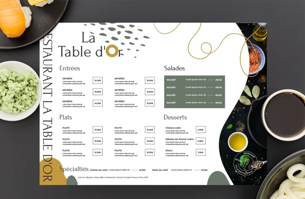 Créer des Menu de restaurant comme celui de La Table d'Or. Une présentation épurée, incluant entrées, plats, salades, desserts, et spécialités, sur fond esthétique avec des motifs dorés et verts