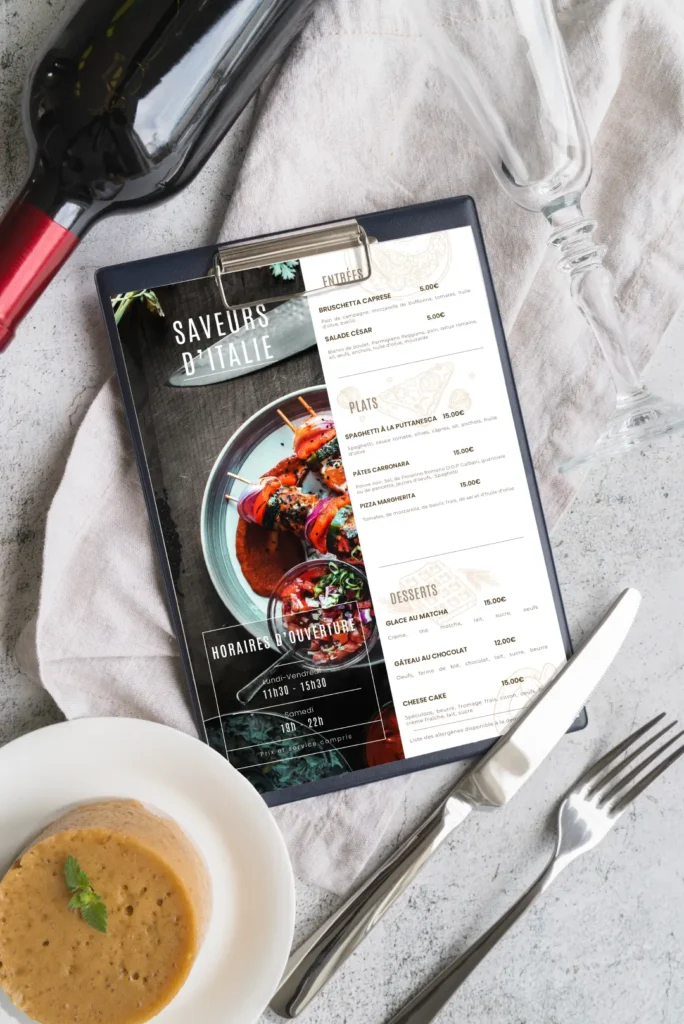 Création de menu A4 souple intitulé "Saveurs d'Italie", conçu pour les restaurants italiens. Présenté sur une pince à menu, ce design élégant met en valeur des plats italiens classiques comme des bruschettas, spaghettis et desserts gourmands, avec une mise en scène soignée