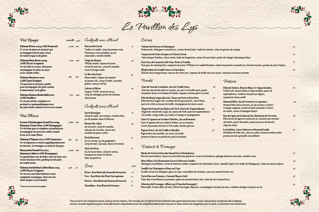 Set de table pour menu complet de brasserie, design pratique et attrayant