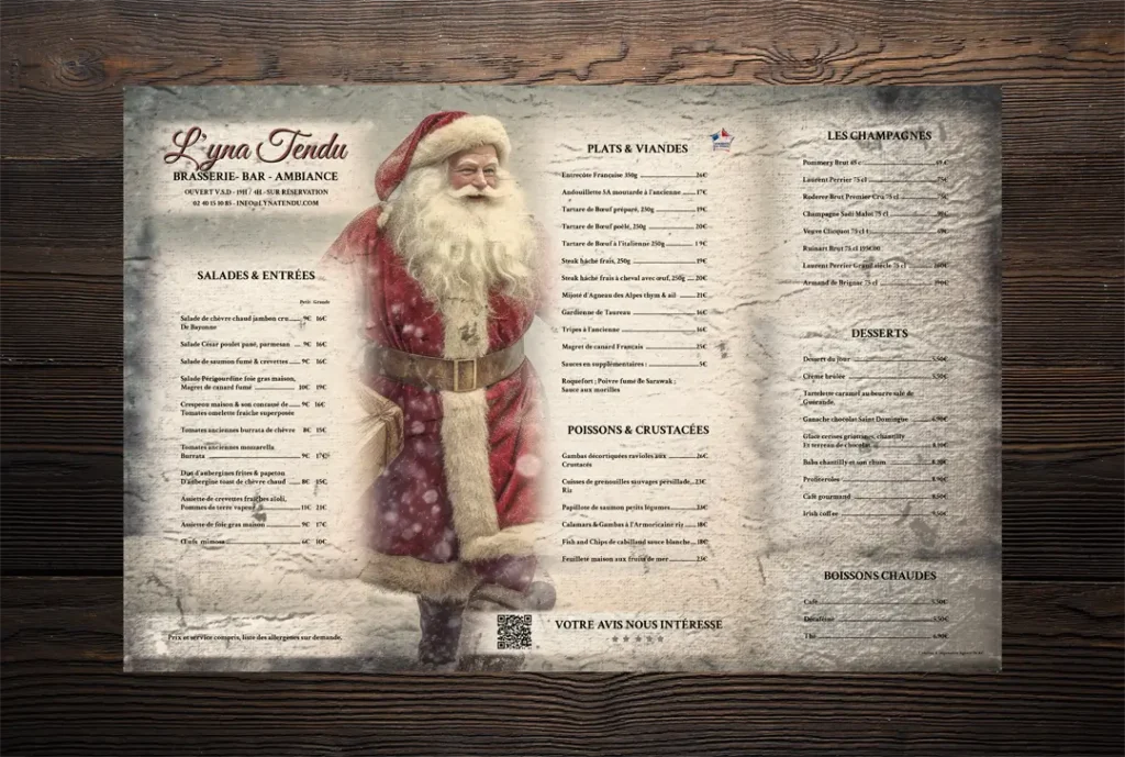 Menu de Noël créatif et élégant. sets de table personalisés. Découvrez nos services de conception graphique pour des menus personnalisés et imprimés de haute qualité.