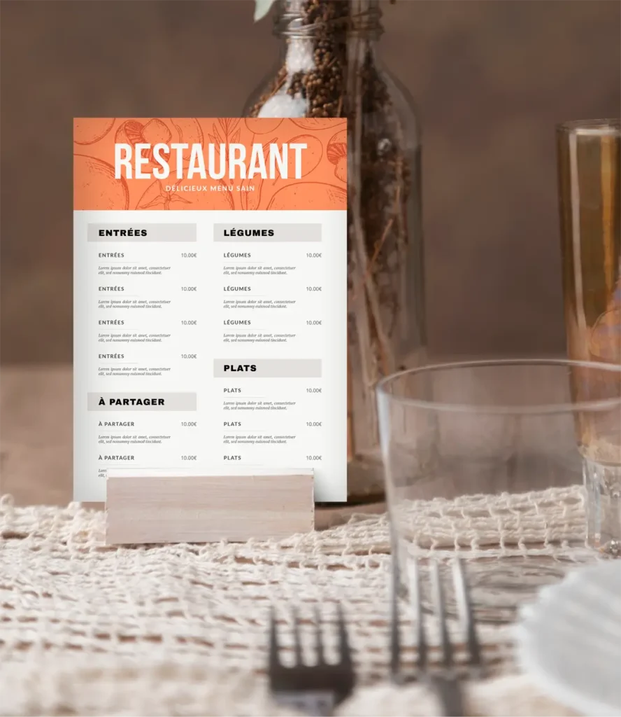 Chevalet de table affichant un menu de restaurant avec des entrées, légumes, plats et options à partager, écrit sur un design épuré avec un fond orange illustré de motifs végétaux.