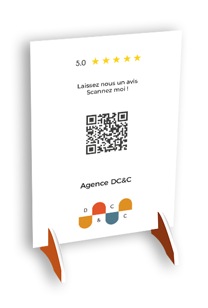 PLV de comptoir personnalisée pour récolter des avis Google Business – Agence DC&C