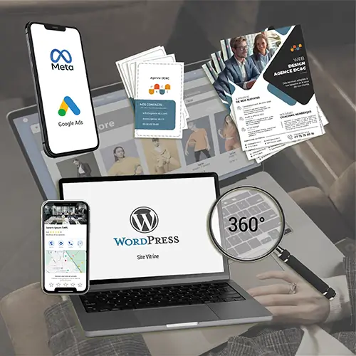 Pack  Boutique en Ligne 360 avec site e‑commerce WordPress, flyers, cartes de visite, fiche Google Business et campagne Meta Ads