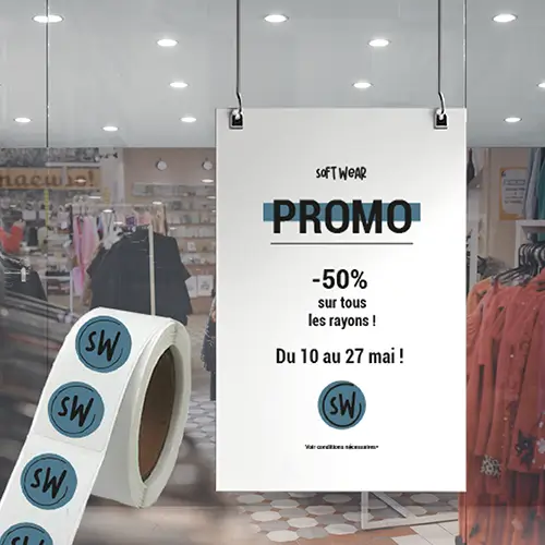 Pack Marketing commerçant avec affiche promotionnelle -50% et stickers logo pour vitrine