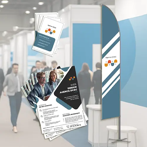 Pack Marketing créateur d’entreprise avec cartes de visite, flyers et oriflamme Agence DC&C