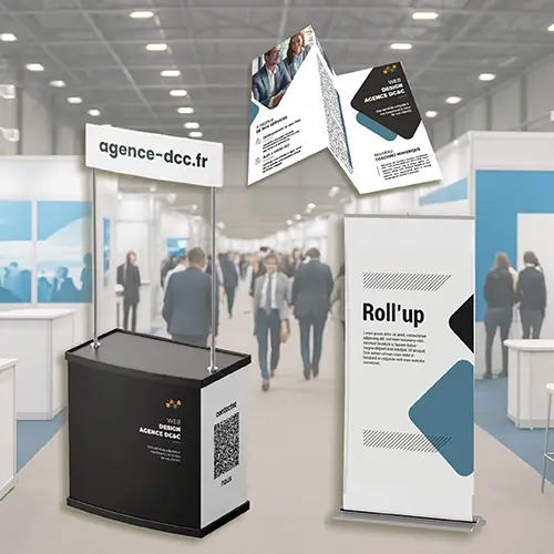  Pack Marketing exposant pour salon professionnel avec comptoir, roll-up et flyers personnalisés DC&C