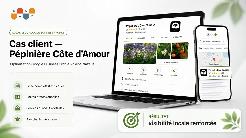 Référencement Local | Pépinière Côte D'Amour | Saint-Nazaire Cas client Google Business Profile pour une pépinière à Saint-Nazaire avec visibilité locale renforcée sur Google